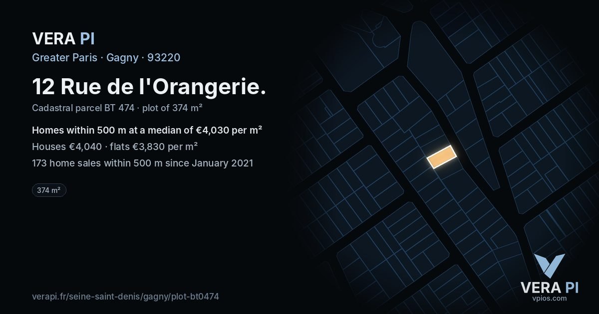 12 Rue de l'Orangerie, Gagny at night – the plot lit, the parcels around coloured by the prices near them