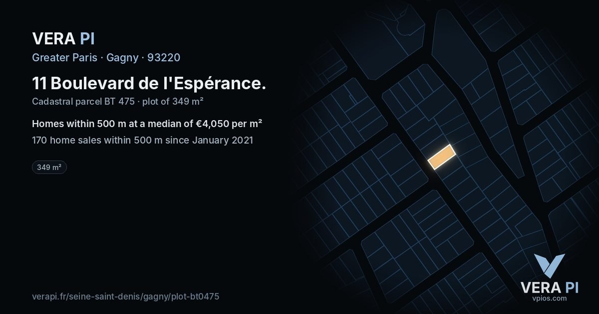 11 Boulevard de l'Espérance, Gagny at night – the plot lit, the parcels around coloured by the prices near them