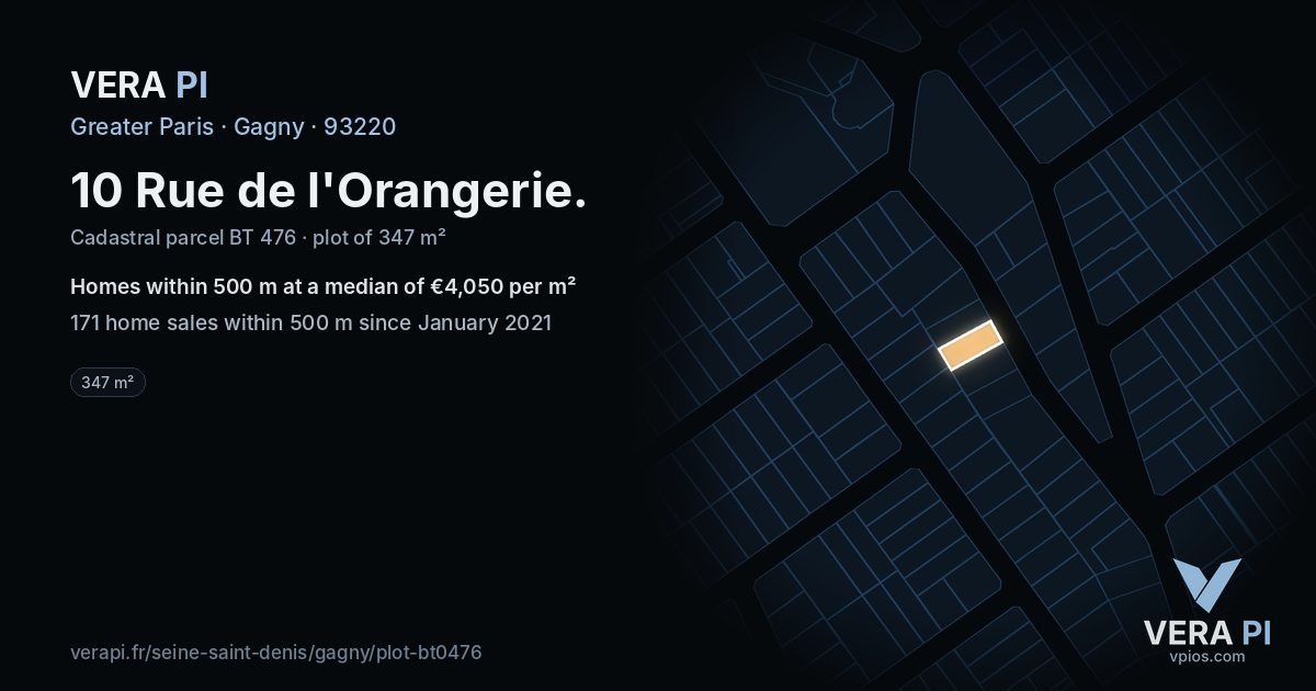 10 Rue de l'Orangerie, Gagny at night – the plot lit, the parcels around coloured by the prices near them