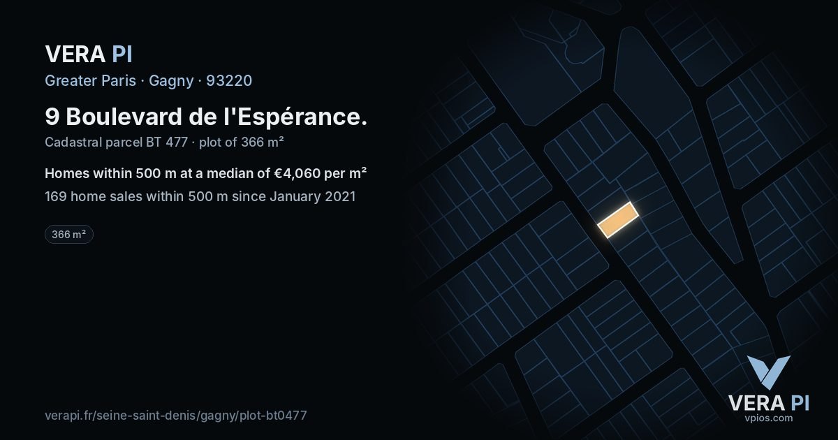 9 Boulevard de l'Espérance, Gagny at night – the plot lit, the parcels around coloured by the prices near them