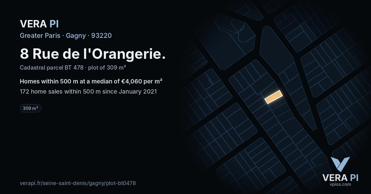 8 Rue de l'Orangerie, Gagny at night – the plot lit, the parcels around coloured by the prices near them