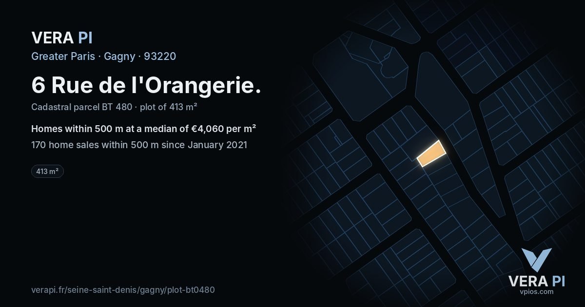 6 Rue de l'Orangerie, Gagny at night – the plot lit, the parcels around coloured by the prices near them