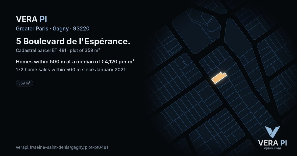 5 Boulevard de l'Espérance, Gagny at night – the plot lit, the parcels around coloured by the prices near them