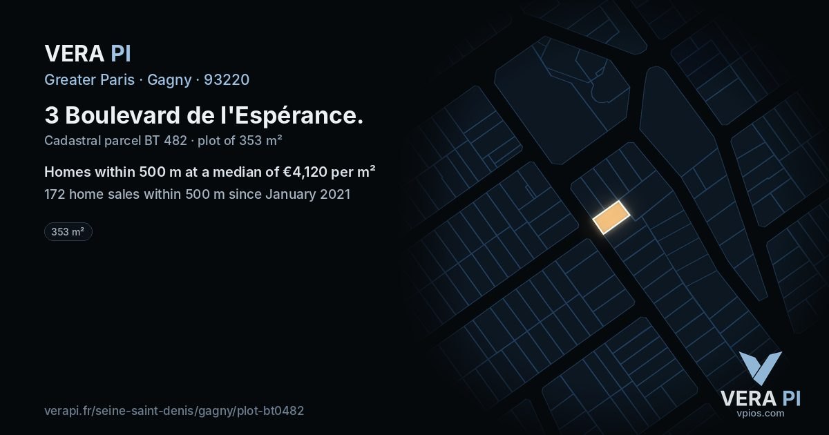 3 Boulevard de l'Espérance, Gagny at night – the plot lit, the parcels around coloured by the prices near them
