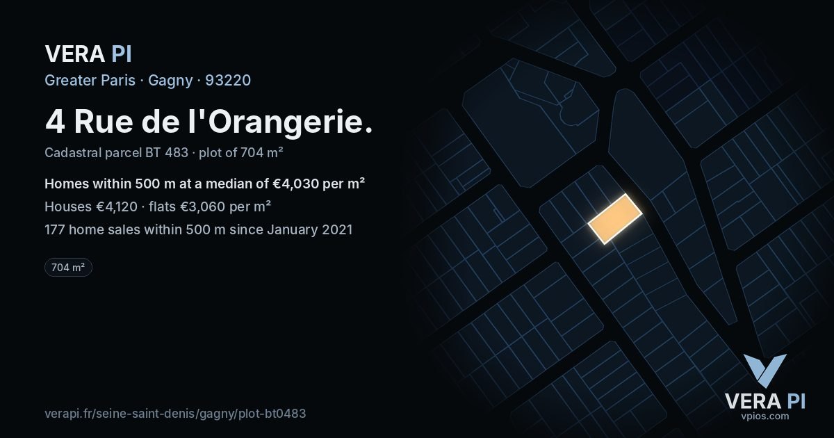 4 Rue de l'Orangerie, Gagny at night – the plot lit, the parcels around coloured by the prices near them