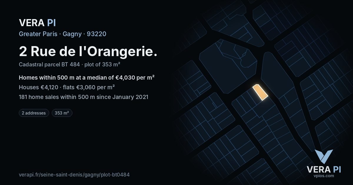 2 Rue de l'Orangerie, Gagny at night – the plot lit, the parcels around coloured by the prices near them