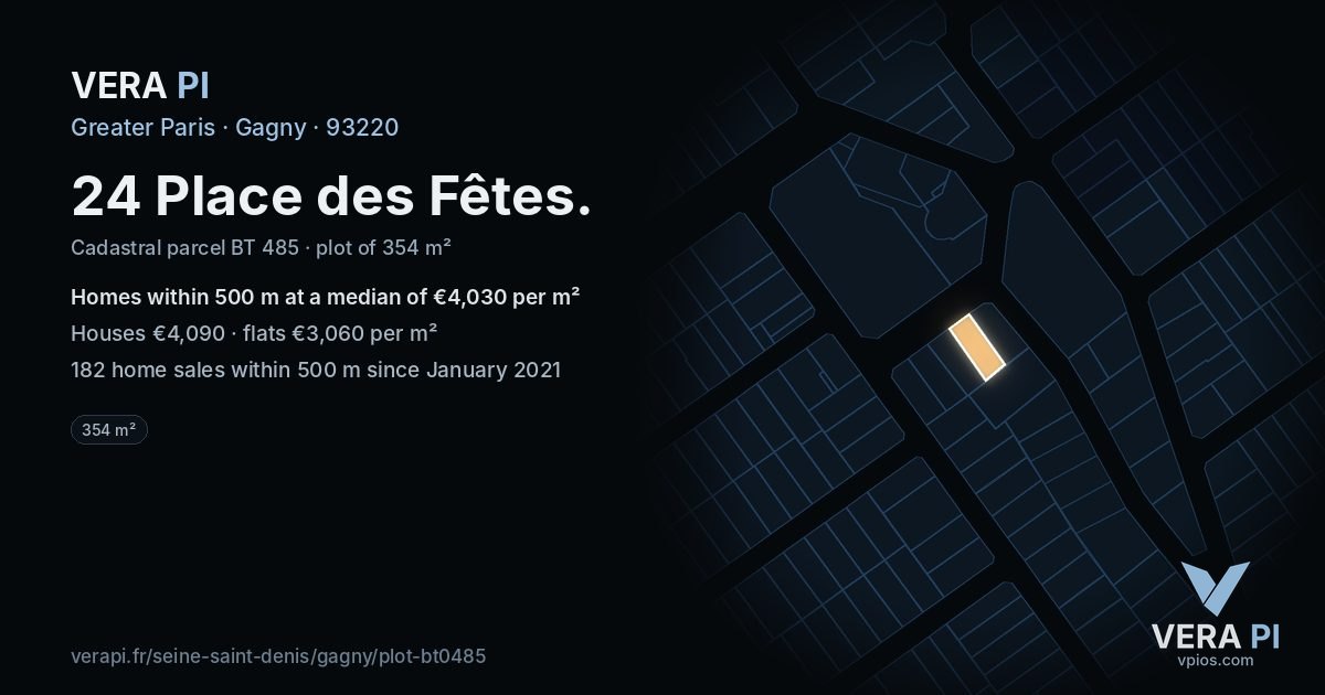 24 Place des Fêtes, Gagny at night – the plot lit, the parcels around coloured by the prices near them