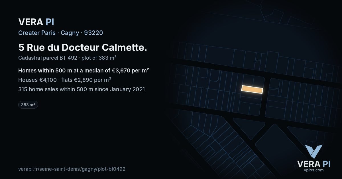 5 Rue du Docteur Calmette, Gagny at night – the plot lit, the parcels around coloured by the prices near them
