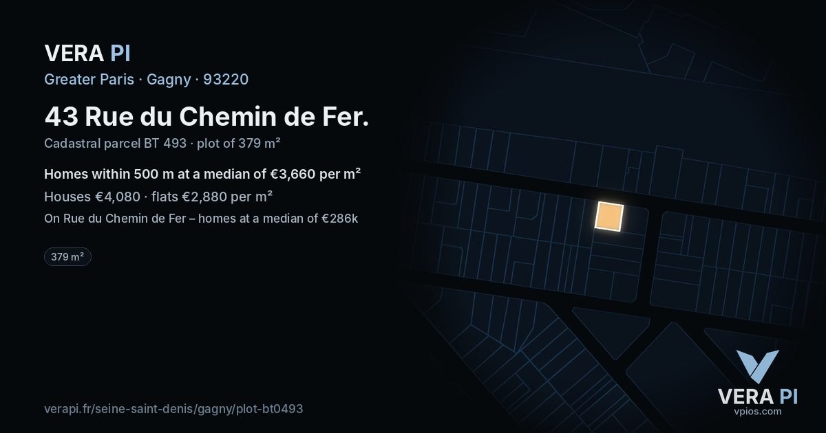 43 Rue du Chemin de Fer, Gagny at night – the plot lit, the parcels around coloured by the prices near them