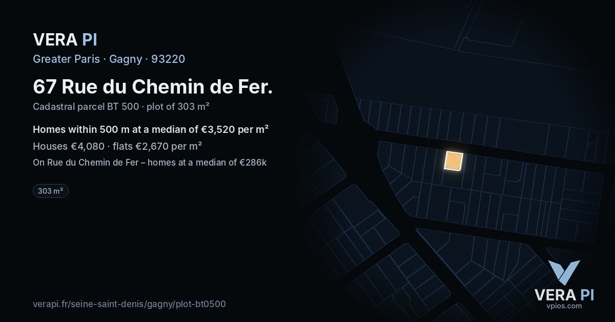 67 Rue du Chemin de Fer, Gagny at night – the plot lit, the parcels around coloured by the prices near them