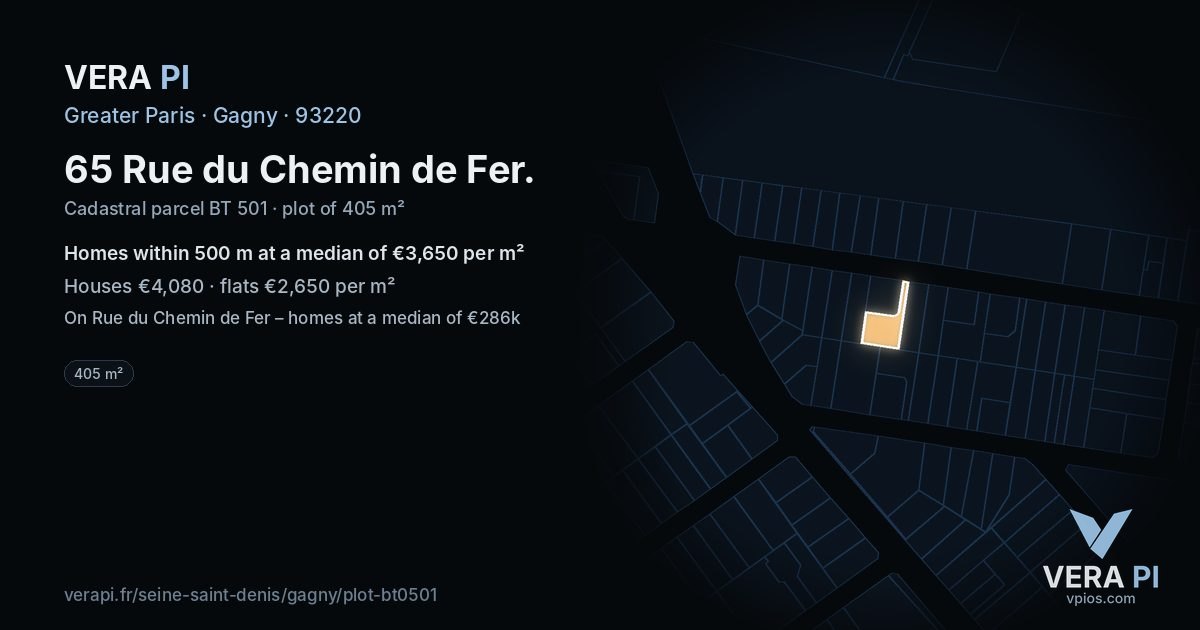 65 Rue du Chemin de Fer, Gagny at night – the plot lit, the parcels around coloured by the prices near them