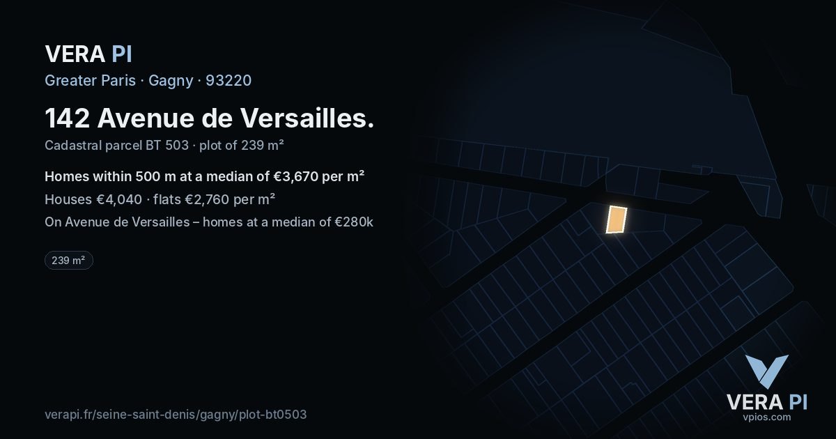 142 Avenue de Versailles, Gagny at night – the plot lit, the parcels around coloured by the prices near them