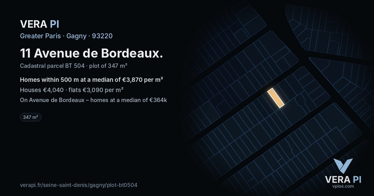 11 Avenue de Bordeaux, Gagny at night – the plot lit, the parcels around coloured by the prices near them