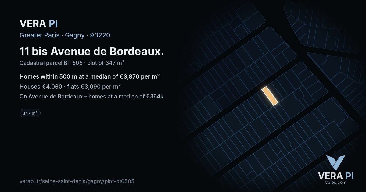 11 bis Avenue de Bordeaux, Gagny at night – the plot lit, the parcels around coloured by the prices near them