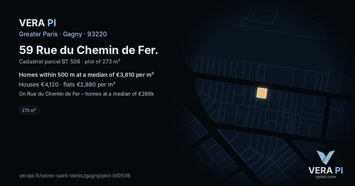 59 Rue du Chemin de Fer, Gagny at night – the plot lit, the parcels around coloured by the prices near them