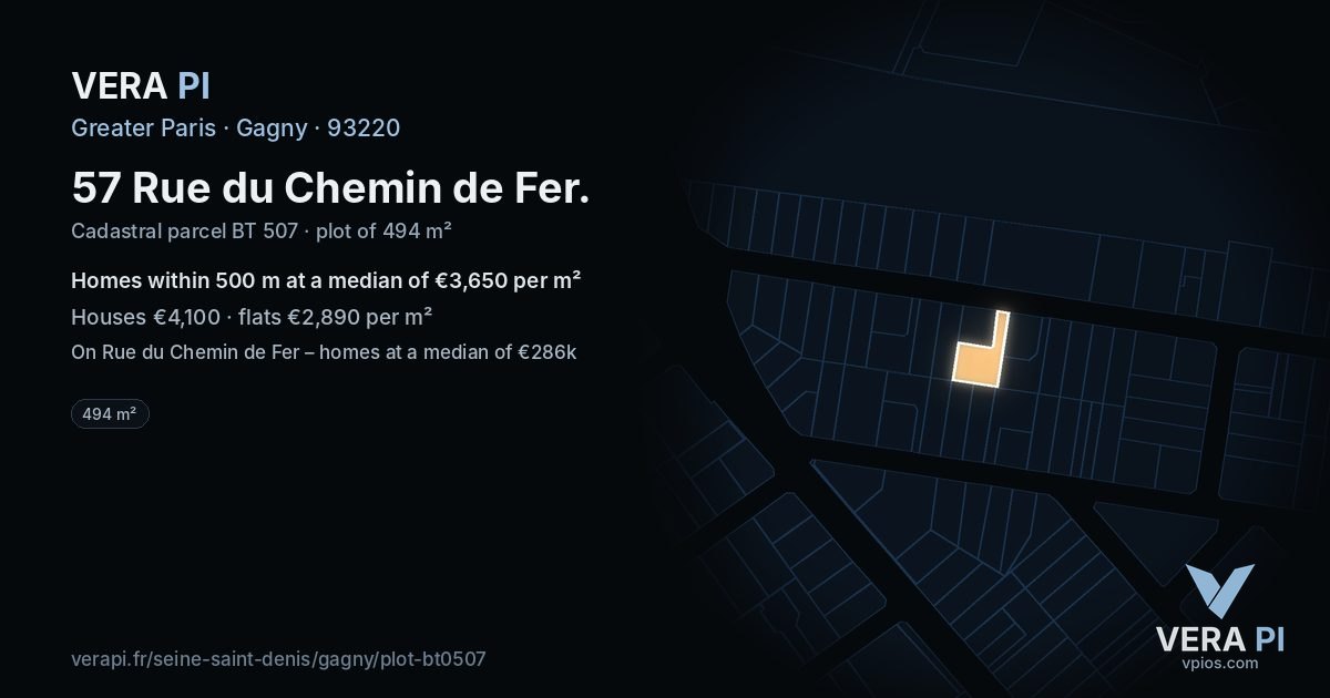 57 Rue du Chemin de Fer, Gagny at night – the plot lit, the parcels around coloured by the prices near them