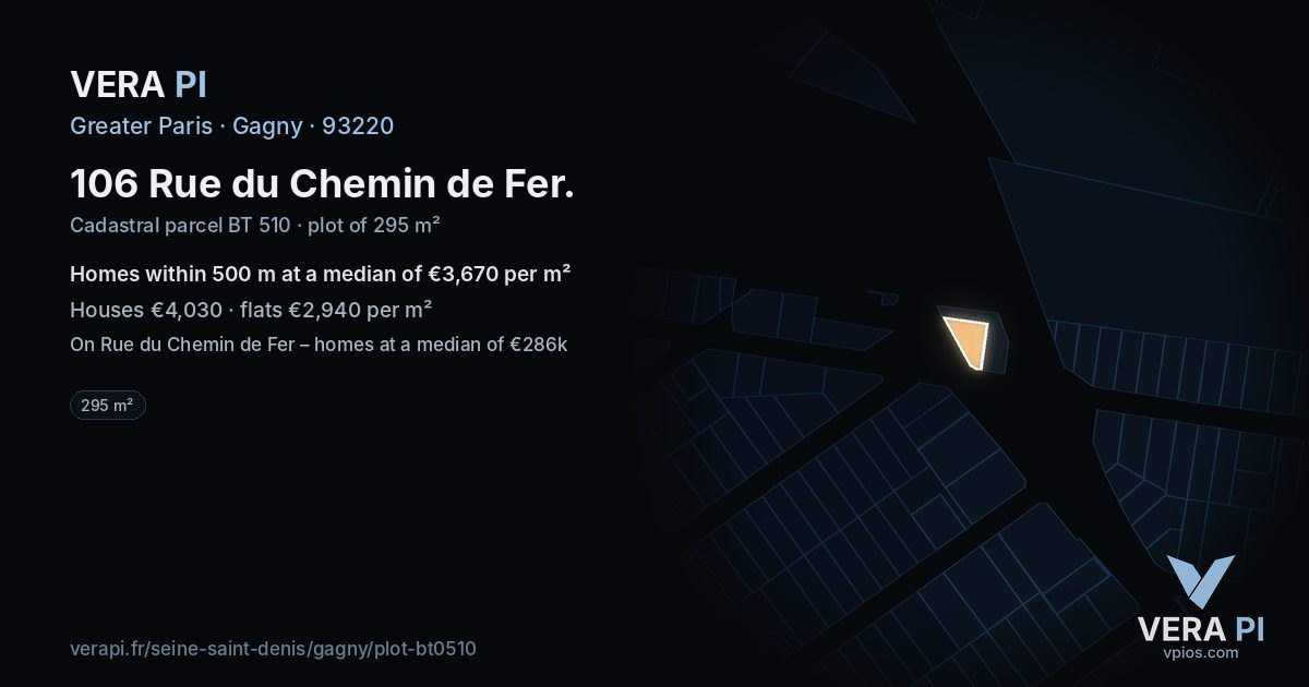 106 Rue du Chemin de Fer, Gagny at night – the plot lit, the parcels around coloured by the prices near them