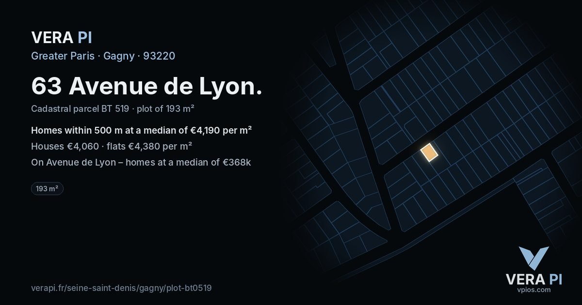 63 Avenue de Lyon, Gagny at night – the plot lit, the parcels around coloured by the prices near them