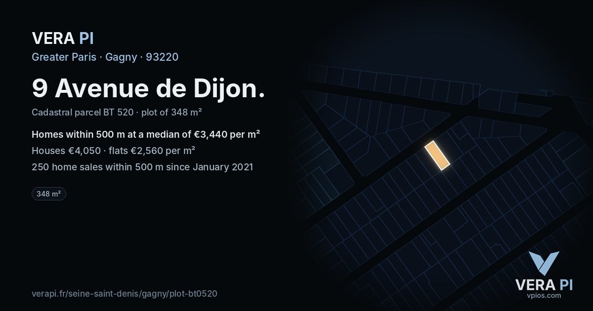 9 Avenue de Dijon, Gagny at night – the plot lit, the parcels around coloured by the prices near them