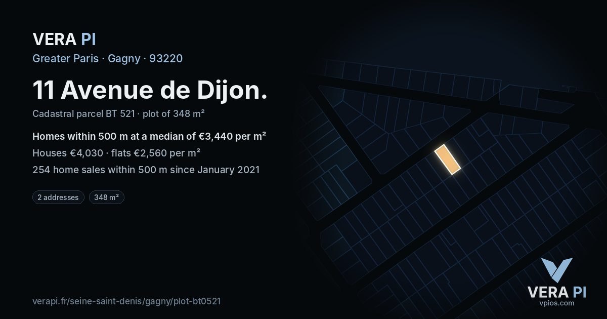 11 Avenue de Dijon, Gagny at night – the plot lit, the parcels around coloured by the prices near them