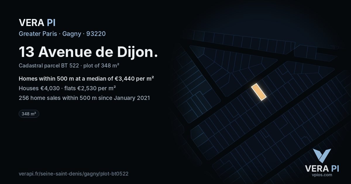 13 Avenue de Dijon, Gagny at night – the plot lit, the parcels around coloured by the prices near them