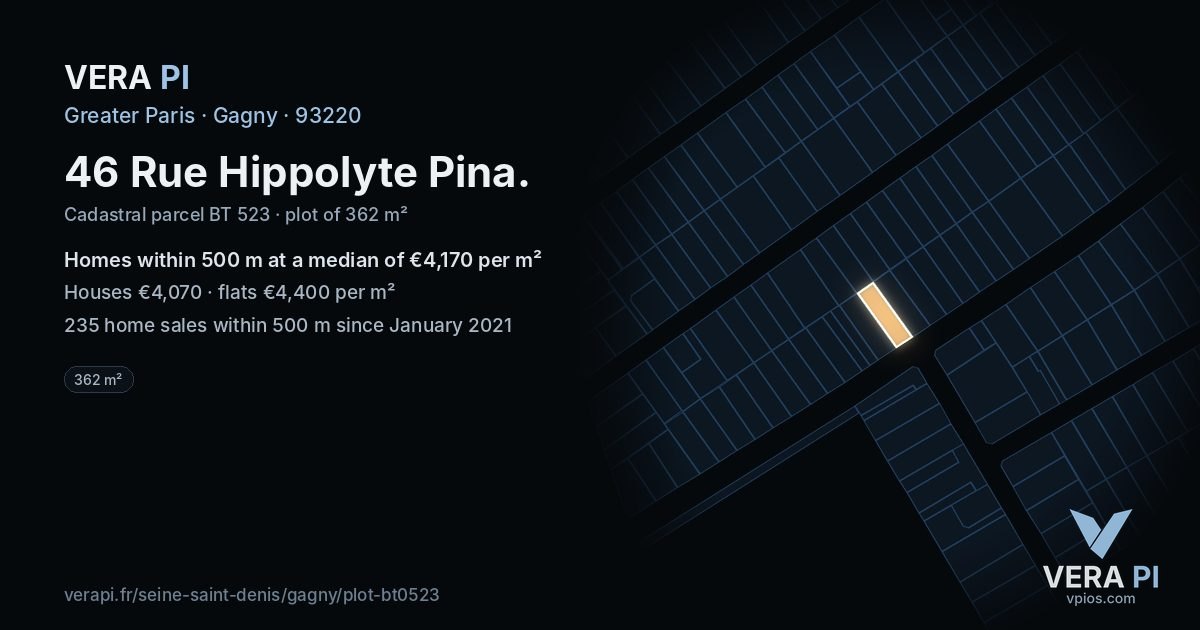 46 Rue Hippolyte Pina, Gagny at night – the plot lit, the parcels around coloured by the prices near them