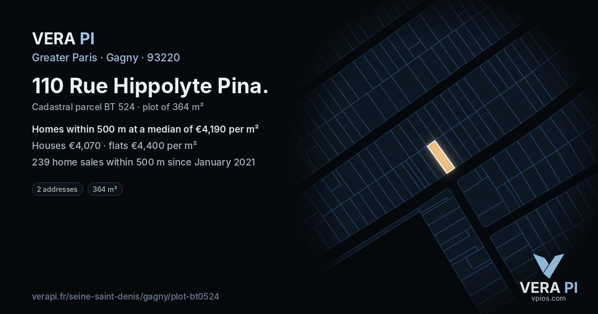 110 Rue Hippolyte Pina, Gagny at night – the plot lit, the parcels around coloured by the prices near them