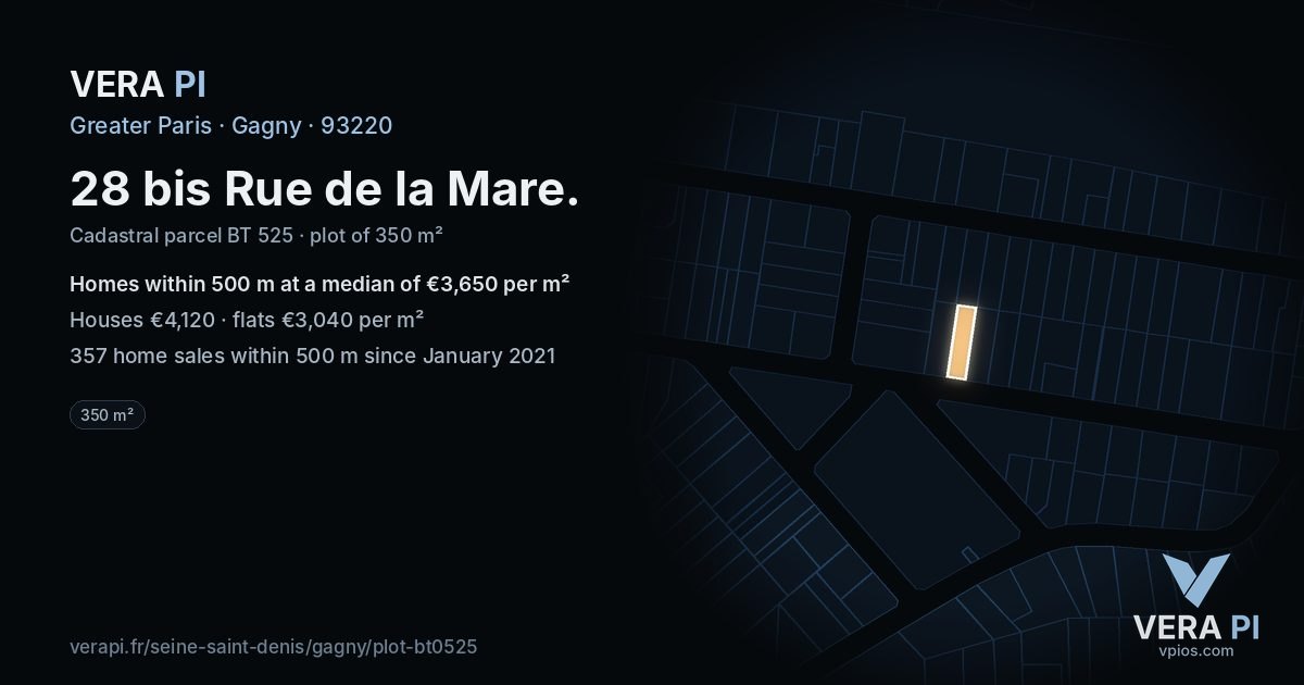 28 bis Rue de la Mare, Gagny at night – the plot lit, the parcels around coloured by the prices near them