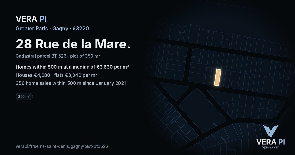 28 Rue de la Mare, Gagny at night – the plot lit, the parcels around coloured by the prices near them