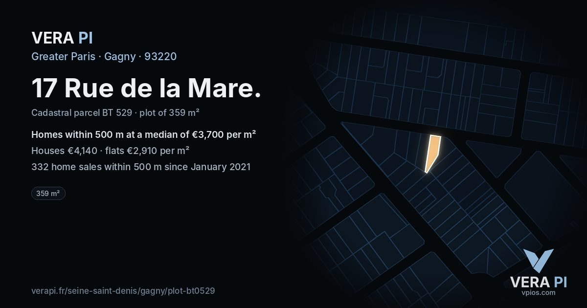17 Rue de la Mare, Gagny at night – the plot lit, the parcels around coloured by the prices near them