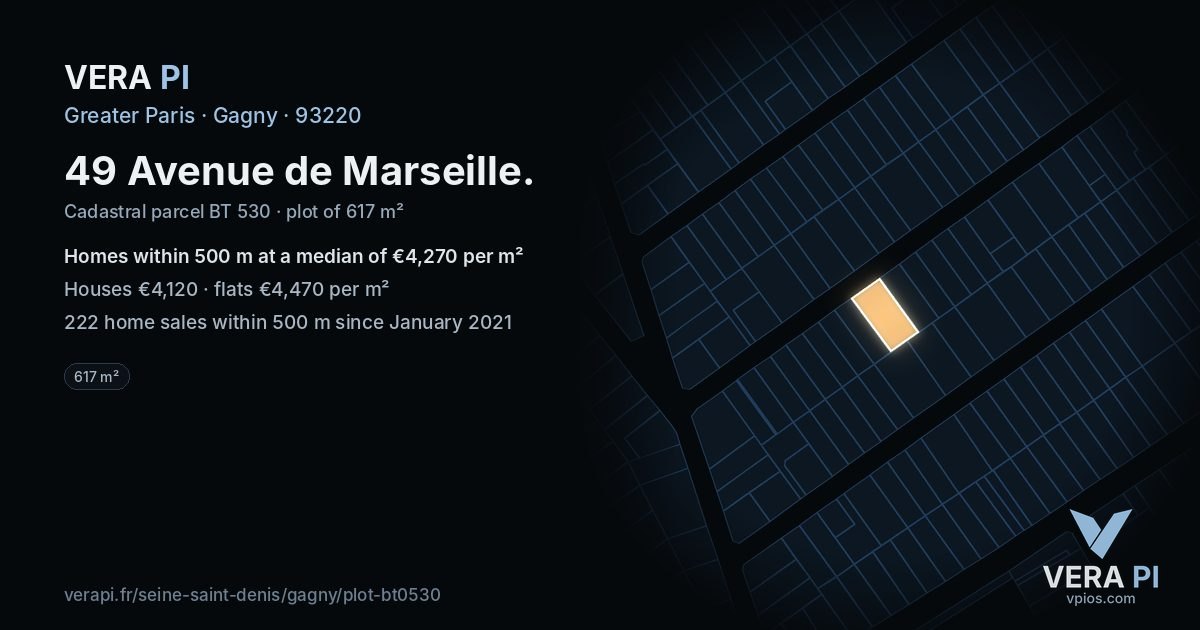 49 Avenue de Marseille, Gagny at night – the plot lit, the parcels around coloured by the prices near them