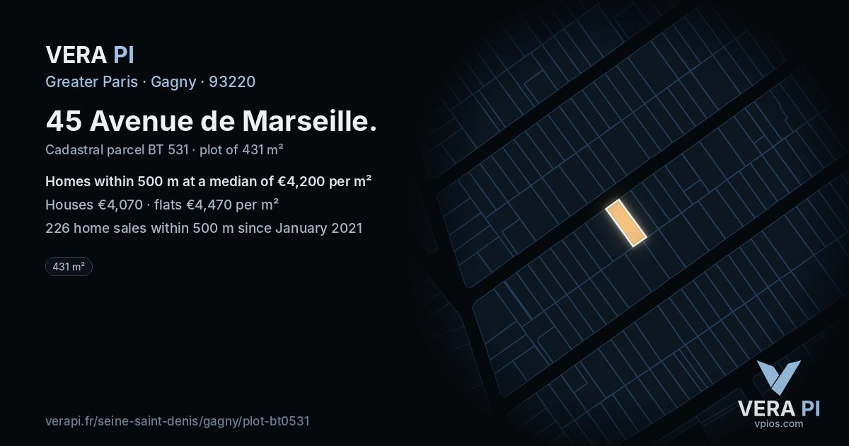 45 Avenue de Marseille, Gagny at night – the plot lit, the parcels around coloured by the prices near them
