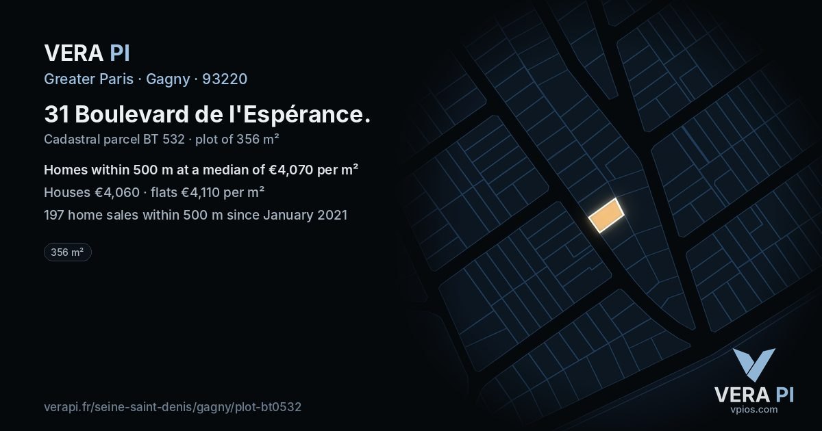 31 Boulevard de l'Espérance, Gagny at night – the plot lit, the parcels around coloured by the prices near them