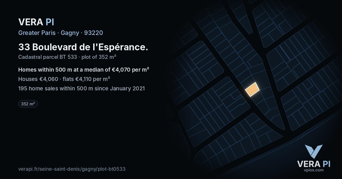 33 Boulevard de l'Espérance, Gagny at night – the plot lit, the parcels around coloured by the prices near them
