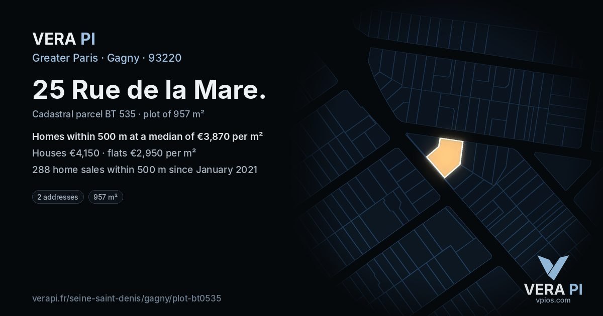 25 Rue de la Mare, Gagny at night – the plot lit, the parcels around coloured by the prices near them