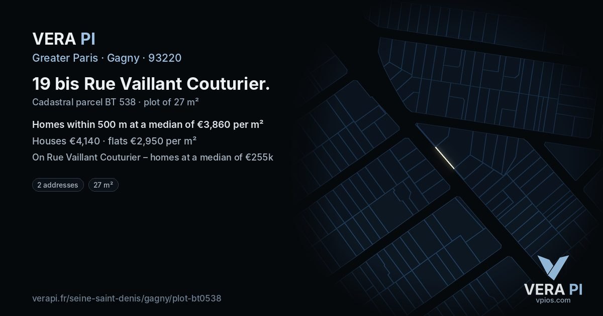 19 bis Rue Vaillant Couturier, Gagny at night – the plot lit, the parcels around coloured by the prices near them