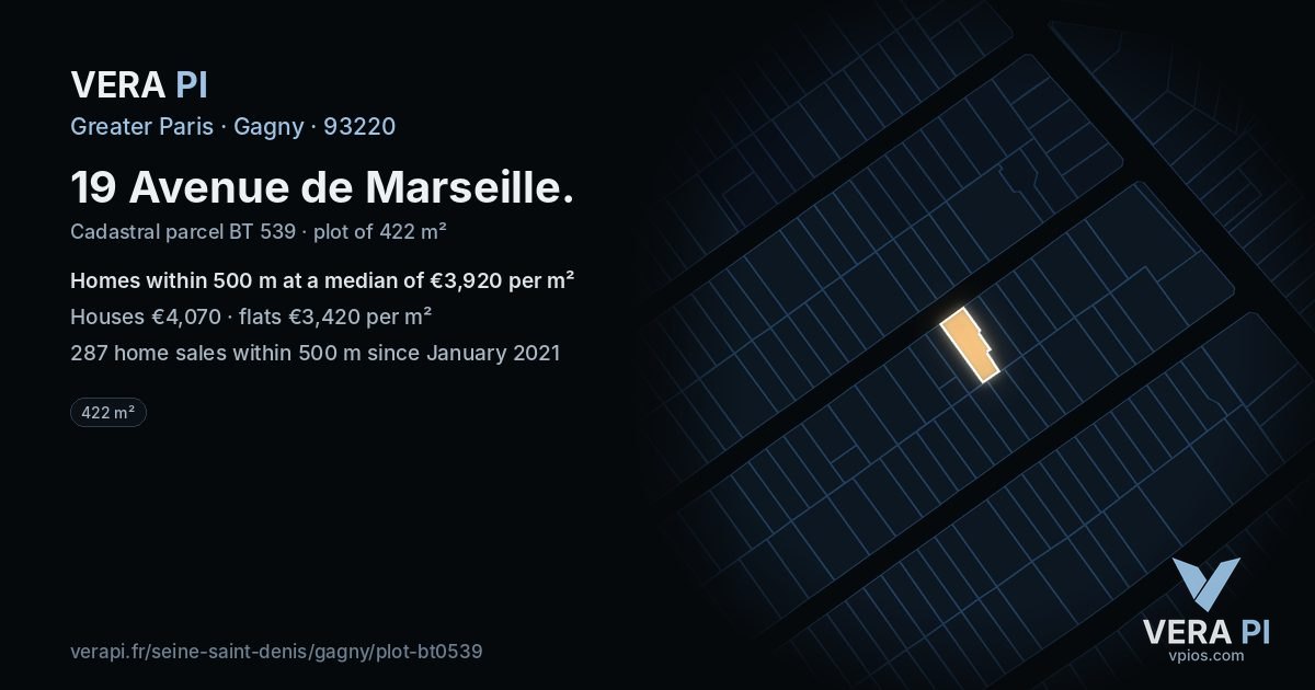 19 Avenue de Marseille, Gagny at night – the plot lit, the parcels around coloured by the prices near them