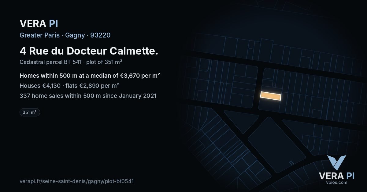 4 Rue du Docteur Calmette, Gagny at night – the plot lit, the parcels around coloured by the prices near them