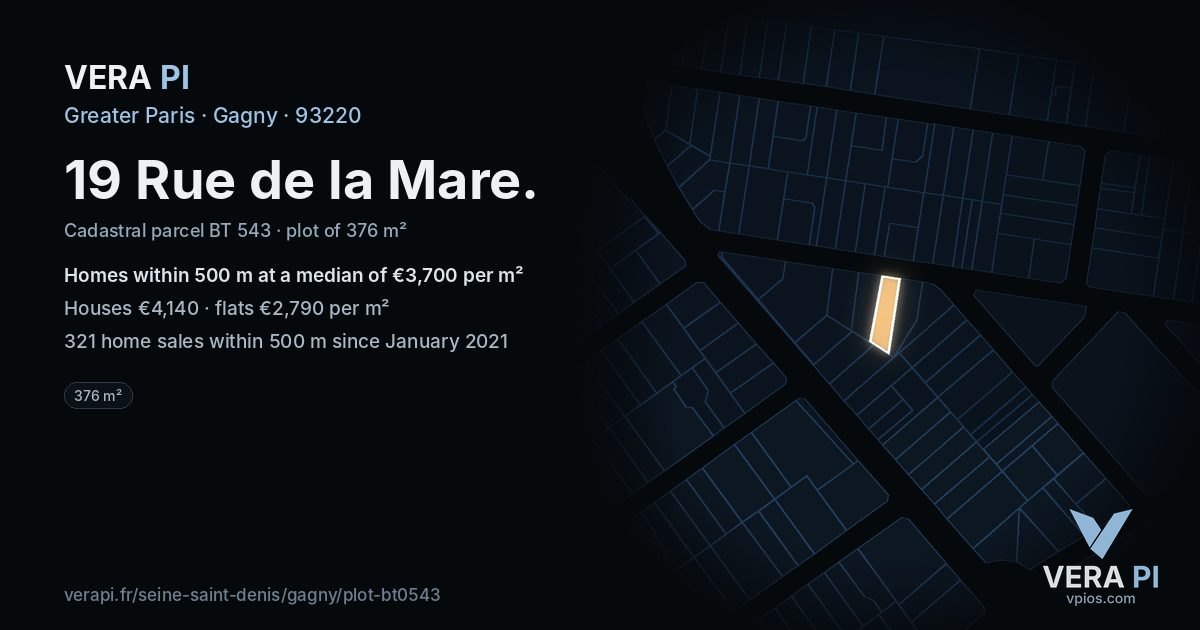 19 Rue de la Mare, Gagny at night – the plot lit, the parcels around coloured by the prices near them