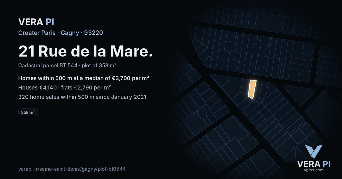 21 Rue de la Mare, Gagny at night – the plot lit, the parcels around coloured by the prices near them
