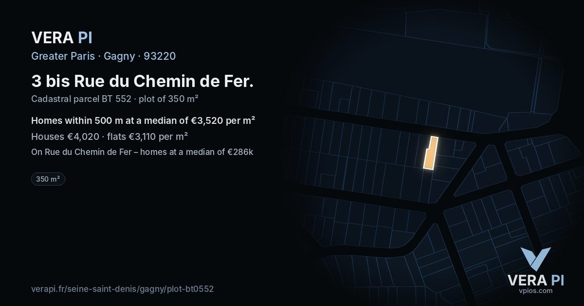 3 bis Rue du Chemin de Fer, Gagny at night – the plot lit, the parcels around coloured by the prices near them