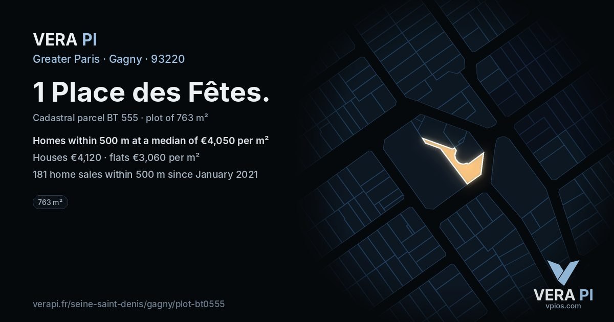 1 Place des Fêtes, Gagny at night – the plot lit, the parcels around coloured by the prices near them