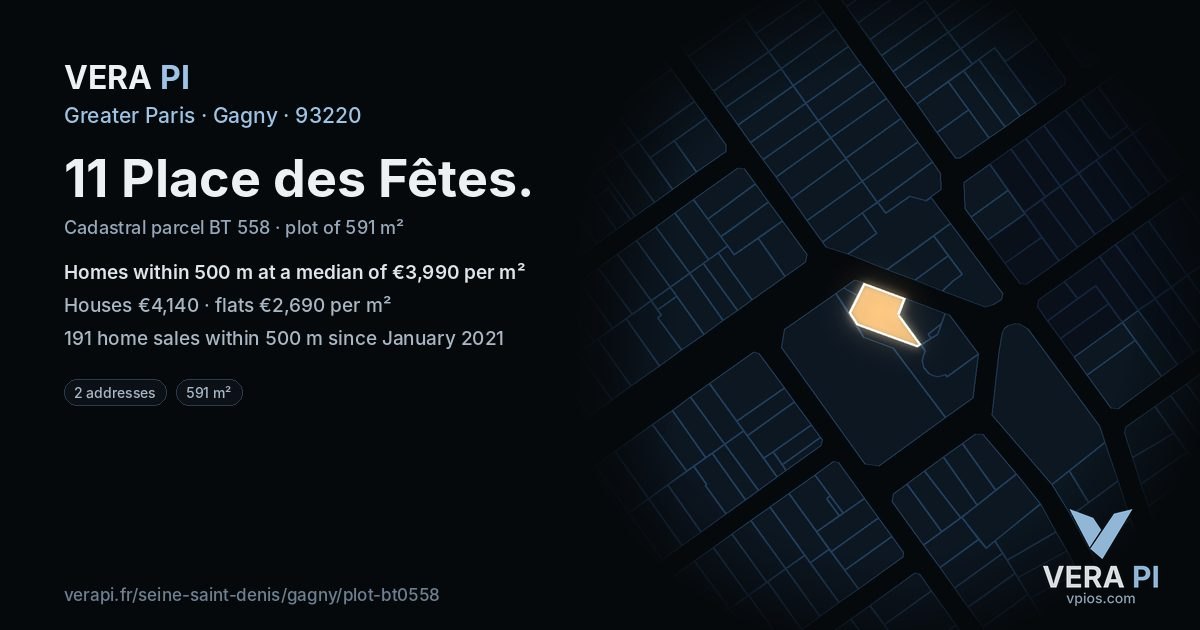11 Place des Fêtes, Gagny at night – the plot lit, the parcels around coloured by the prices near them