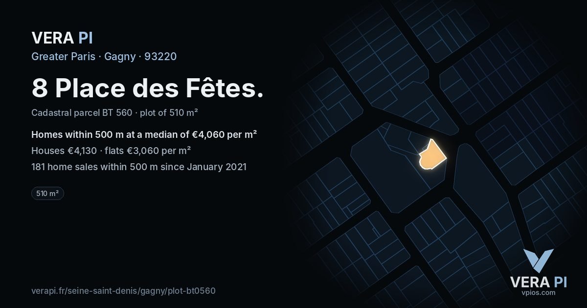 8 Place des Fêtes, Gagny at night – the plot lit, the parcels around coloured by the prices near them