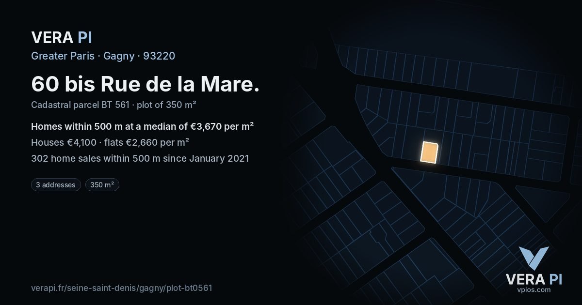 60 bis Rue de la Mare, Gagny at night – the plot lit, the parcels around coloured by the prices near them