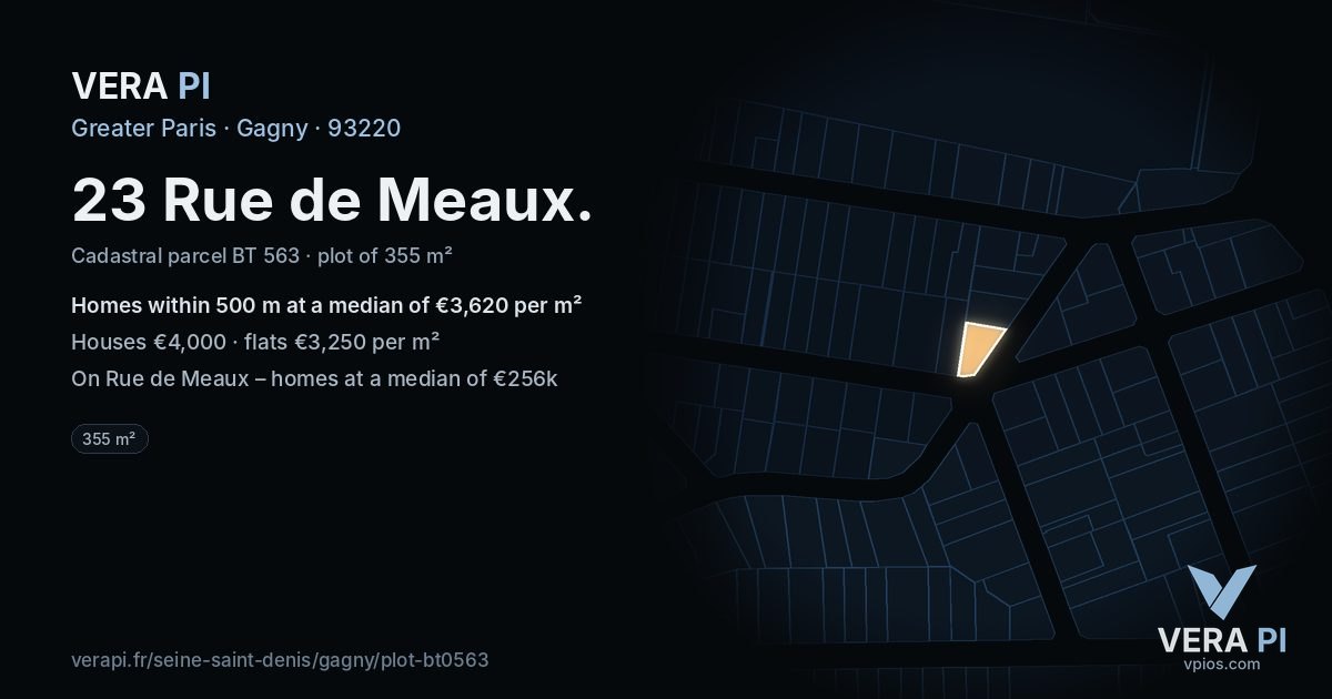 23 Rue de Meaux, Gagny at night – the plot lit, the parcels around coloured by the prices near them