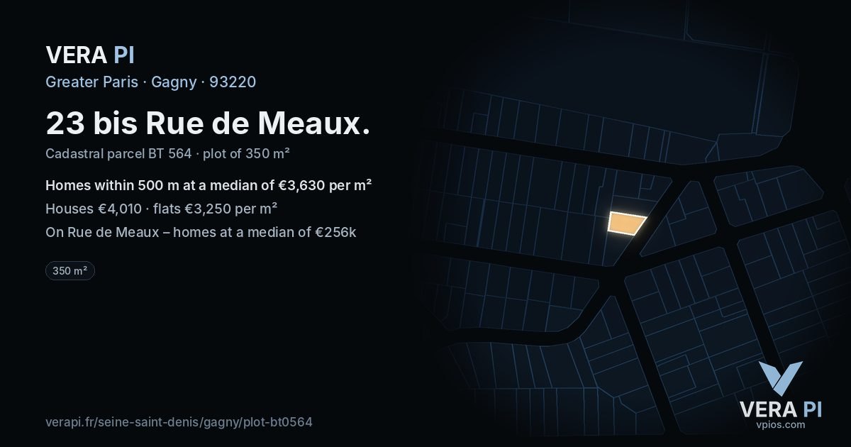 23 bis Rue de Meaux, Gagny at night – the plot lit, the parcels around coloured by the prices near them