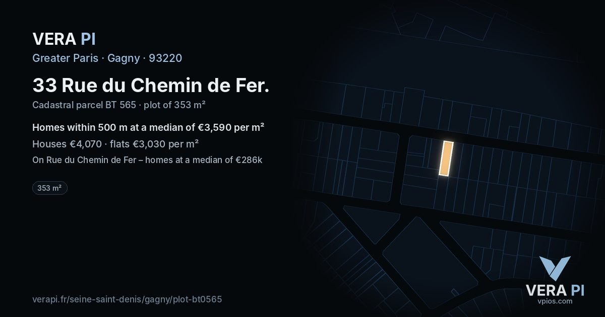 33 Rue du Chemin de Fer, Gagny at night – the plot lit, the parcels around coloured by the prices near them