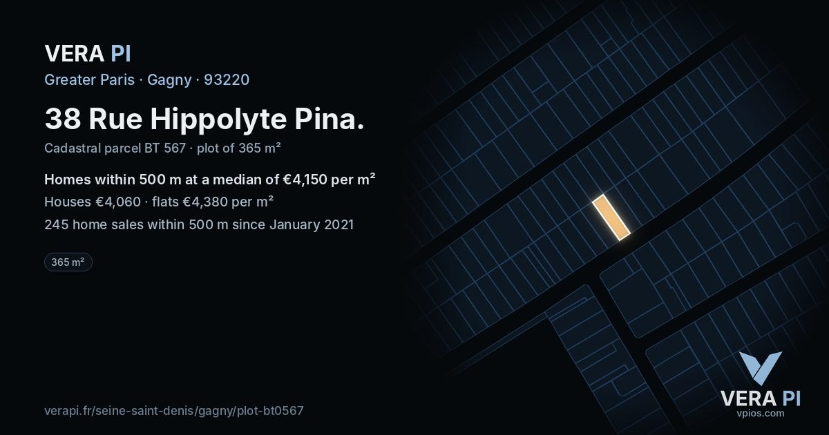 38 Rue Hippolyte Pina, Gagny at night – the plot lit, the parcels around coloured by the prices near them