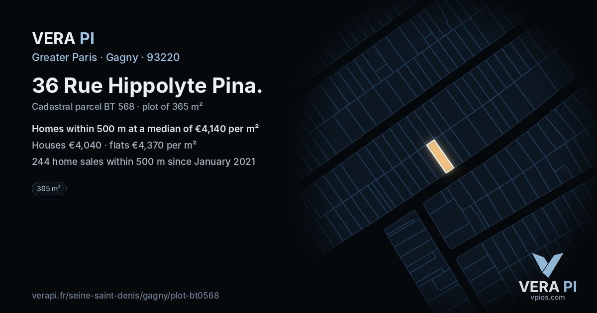 36 Rue Hippolyte Pina, Gagny at night – the plot lit, the parcels around coloured by the prices near them